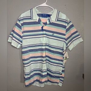 Nautica Blue Sail Striped Print Classic Fit Short Sleeve Button Down Shirt NWT L